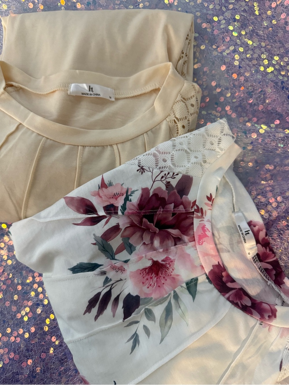19-Women’s Cream Floral and Lace-Trim Long Sleeve Top by